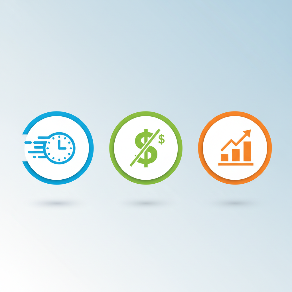 A clean infographic illustrating the core benefits of Anthropic Claude Haiku 4.5. Show speed (fast clock icon), cost efficiency (money symbol with a slash), and performance (upward arrow graph). Style: modern infographic, no text in image.