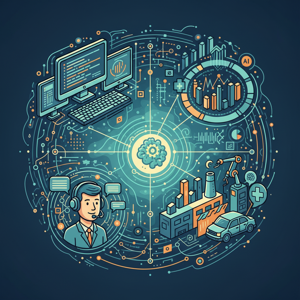 A dynamic illustration showing various industries benefiting from AI, such as software development (code snippets, computers), customer service (headset, chat bubbles), and data analysis (charts, graphs). Style: vibrant illustration, depicting interconnectedness, no text in image.
