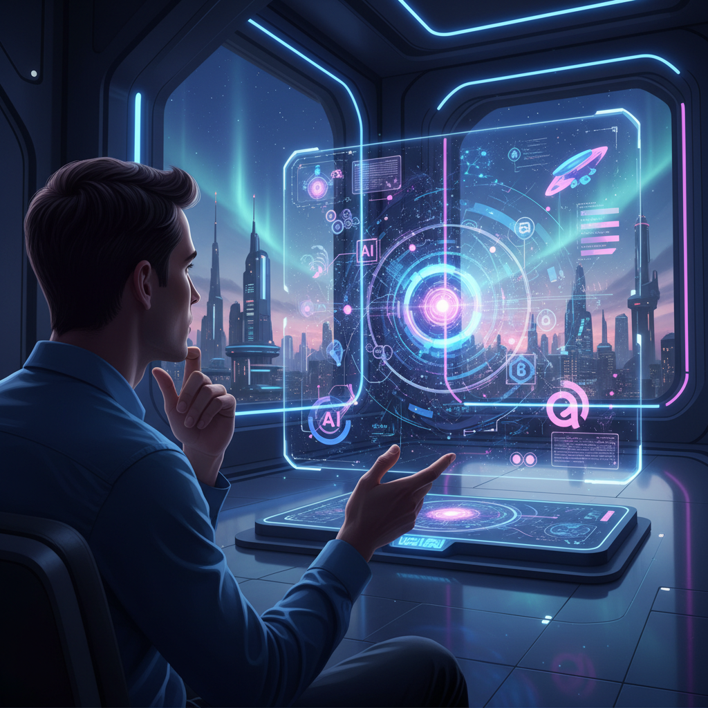 A contemplative person looking at a holographic display showing interconnected AI concepts and future technologies. The atmosphere is innovative and forward-looking. Style: conceptual digital art, with warm blue and purple tones, no text in image.