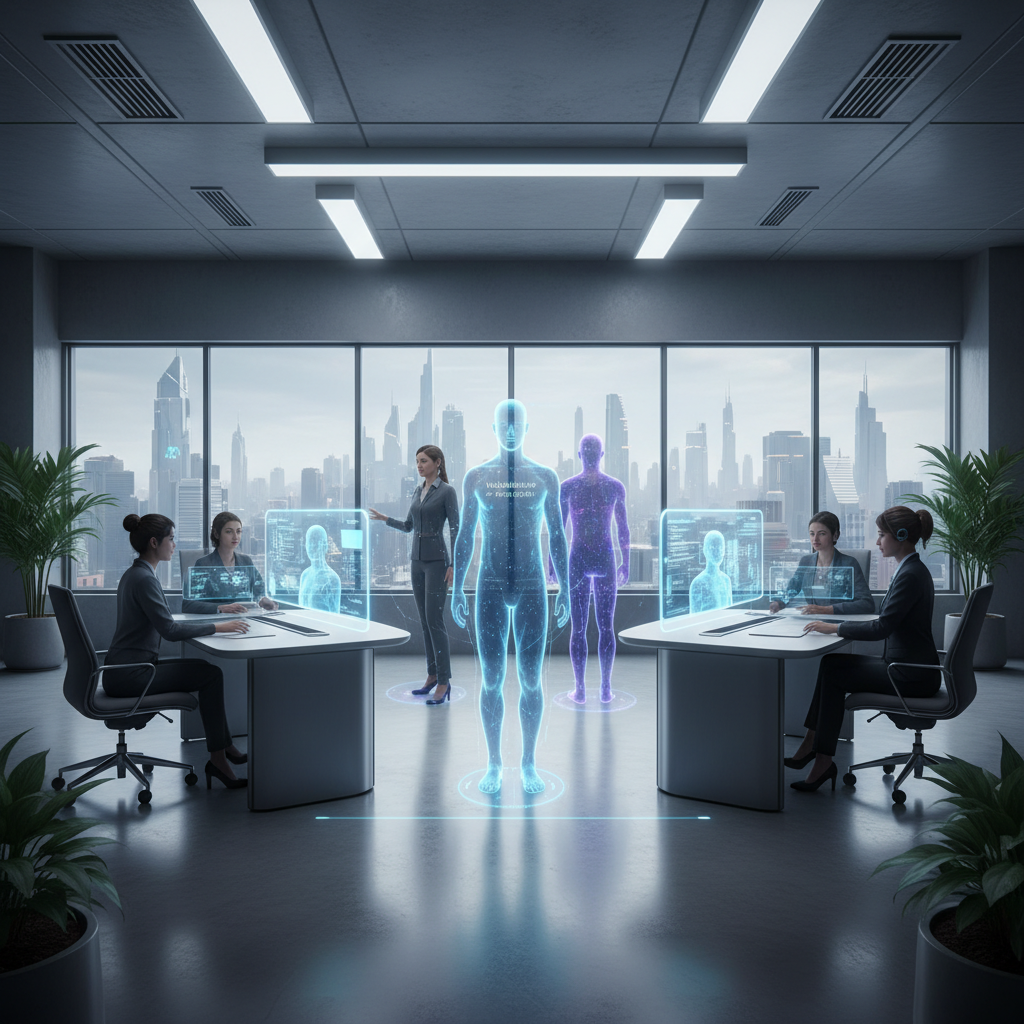 Modern office environment showing AI digital twin technology in action, with holographic avatars representing unavailable coworkers, employees interacting with digital interfaces, futuristic workplace setting with clean lighting and professional atmosphere. No text.