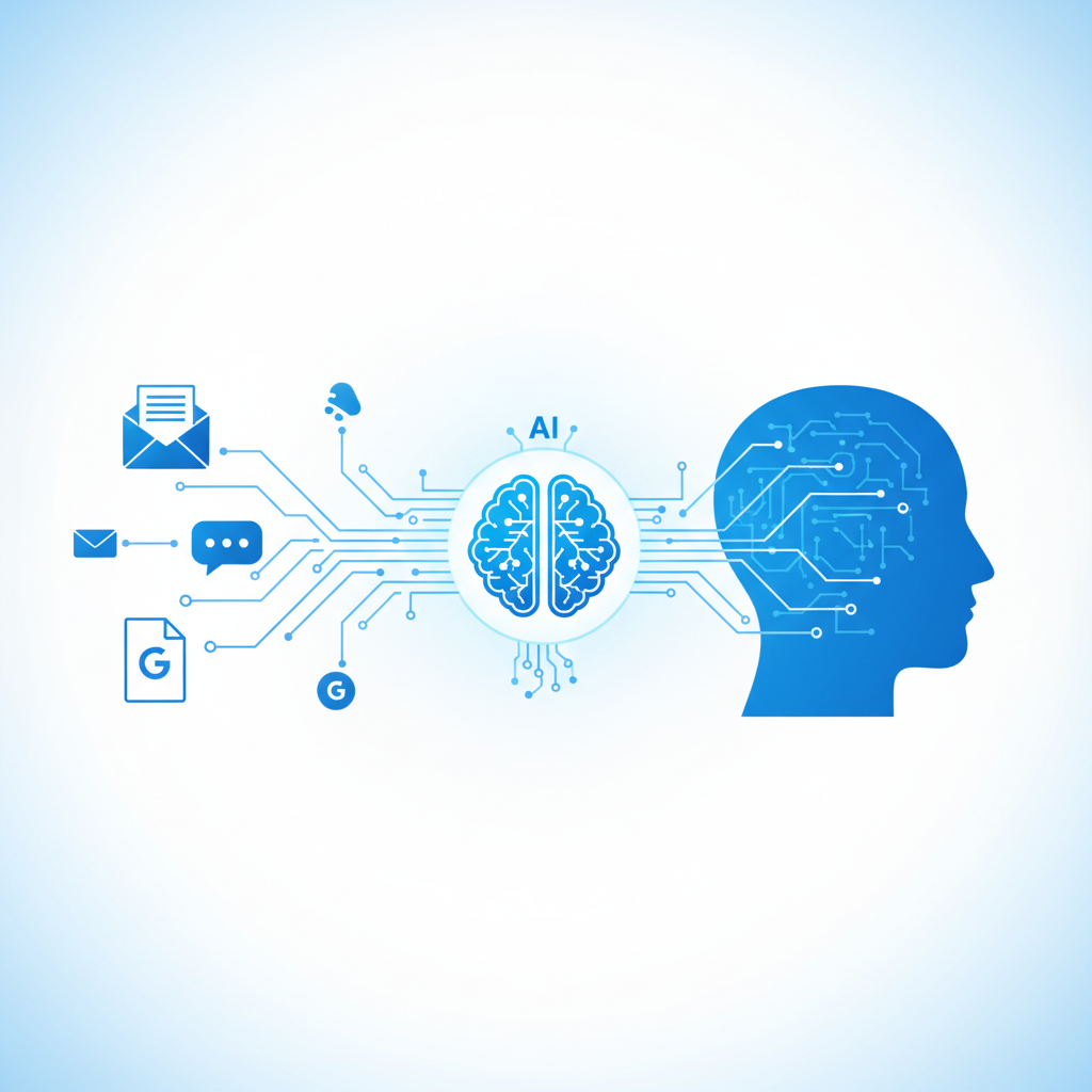 Visualization of AI learning from various digital documents including emails, Slack messages, and Google Docs, creating a personalized digital twin, data streams flowing into AI brain representation, clean infographic style with blue and white color scheme. No text.