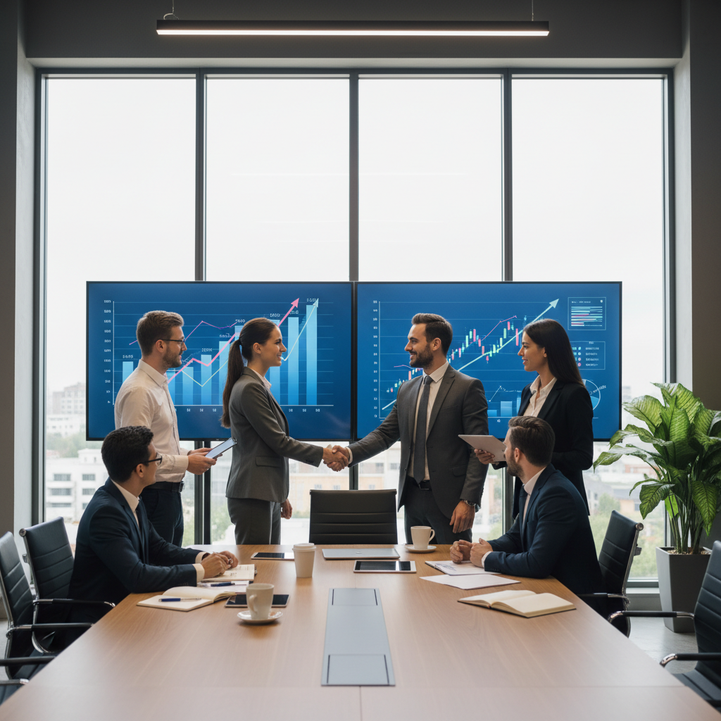 Professional business meeting scene with venture capital investors and startup founders discussing AI technology, modern conference room with financial charts and growth projections on screens, handshake moment, corporate atmosphere with natural lighting. No text.