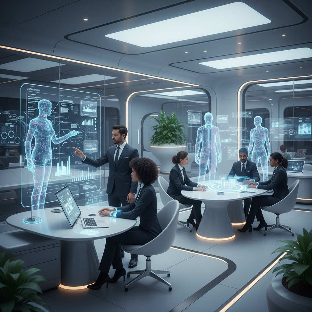 Futuristic office workspace where employees seamlessly interact with AI digital twins of their colleagues, holographic interfaces, collaborative work environment with diverse team members, bright modern lighting, productivity and innovation atmosphere. No text.