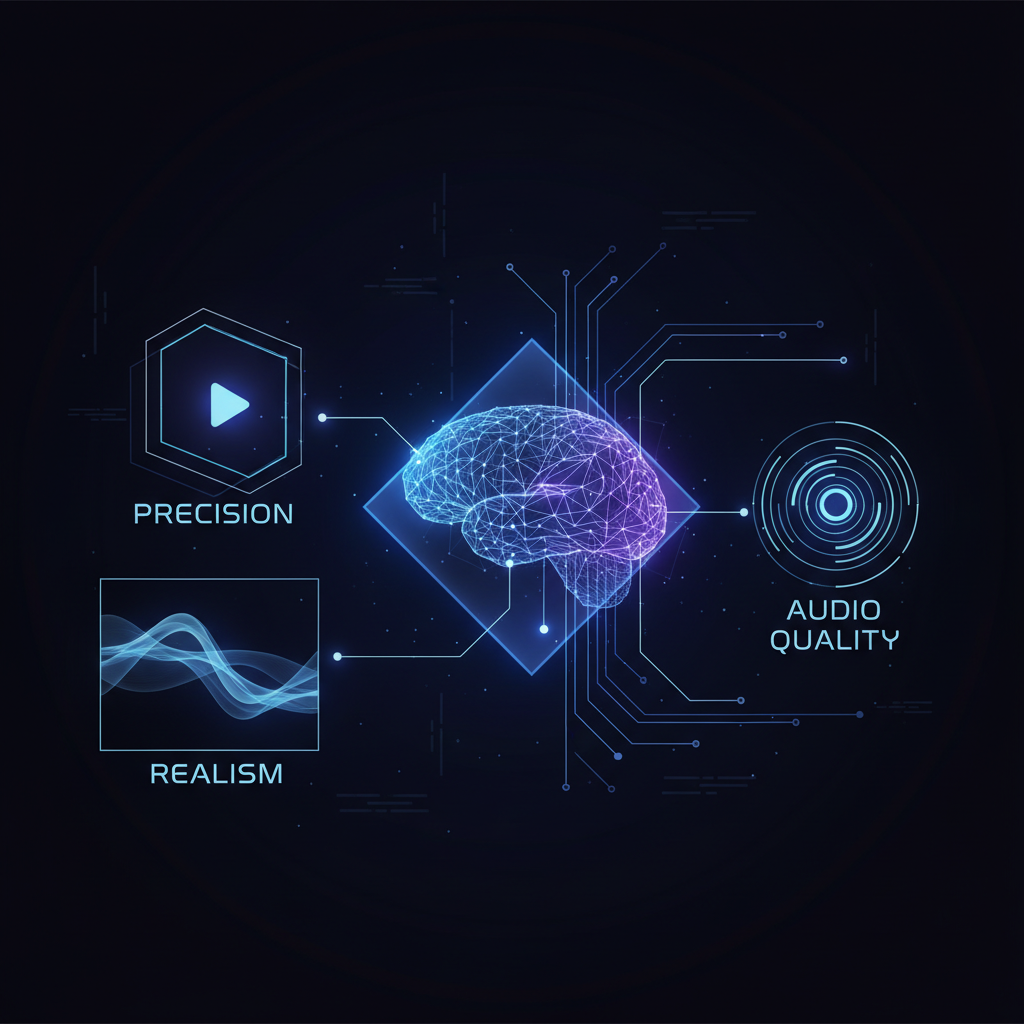 A futuristic, sleek infographic illustrating advanced AI video generation. Focus on concepts like "precision," "realism," and "audio quality." Include glowing neural network lines and abstract video frames. Style: clean infographic. No text.
