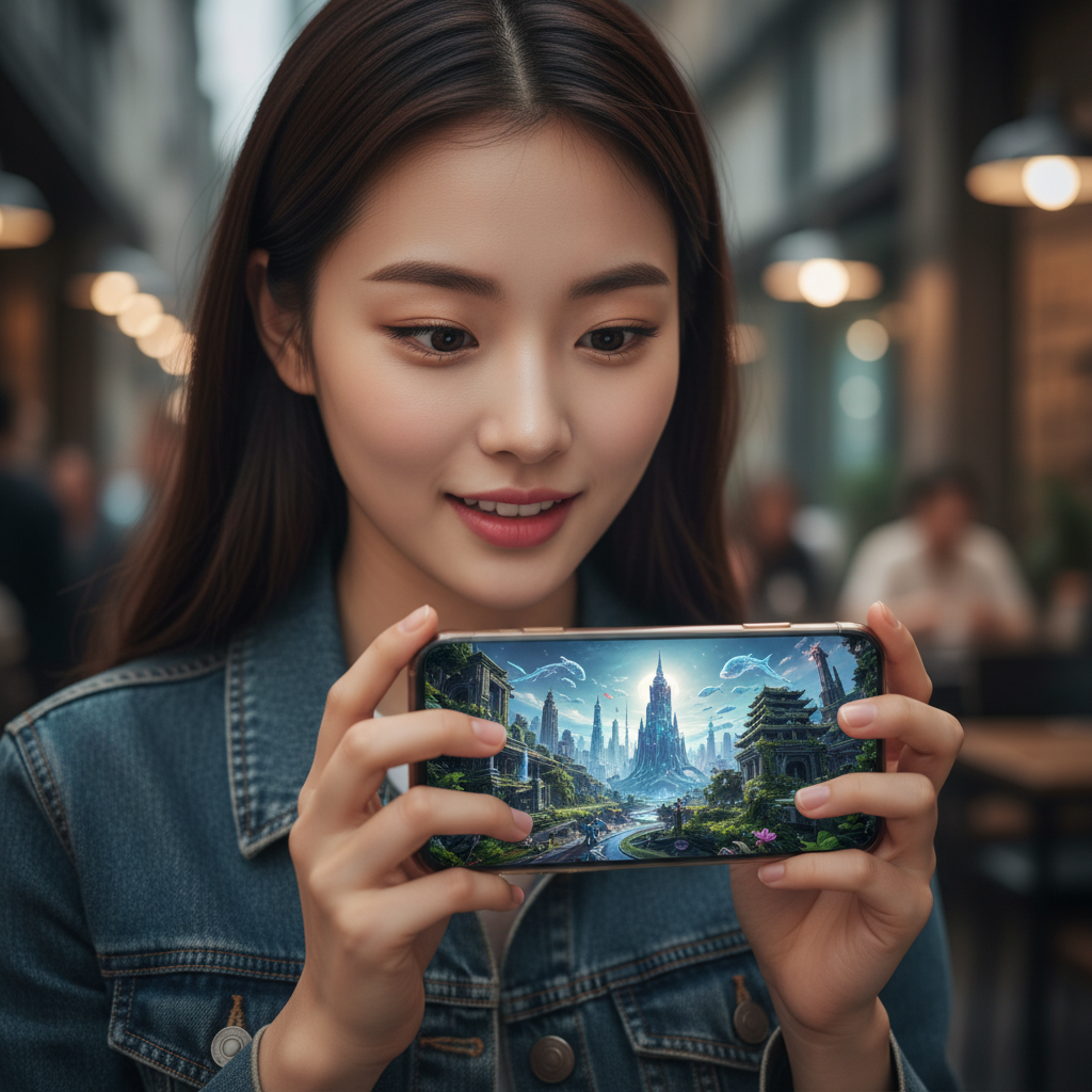A Korean person holding a smartphone, looking at a vertically oriented AI-generated video. The video on the screen shows a realistic, creative scene. Focus on the user's engagement and the smartphone's display. Style: lifestyle photography. No text.