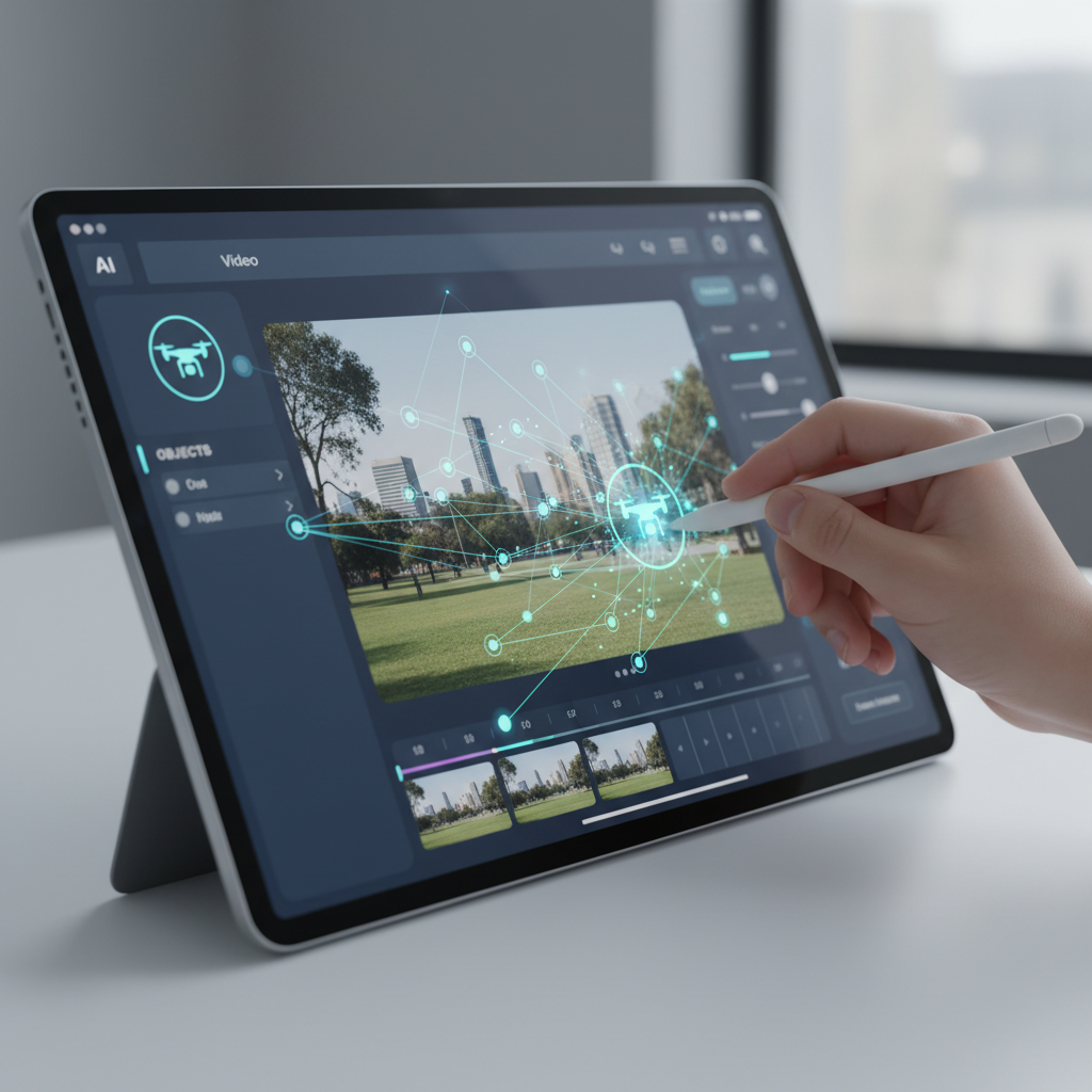 A close-up shot of a user interacting with an AI video editing interface on a tablet or large screen. A digital stylus is being used to drag and drop a new object into an existing video clip, with subtle glowing lines indicating AI processing. The interface is clean and modern. Style: clean infographic. No text.