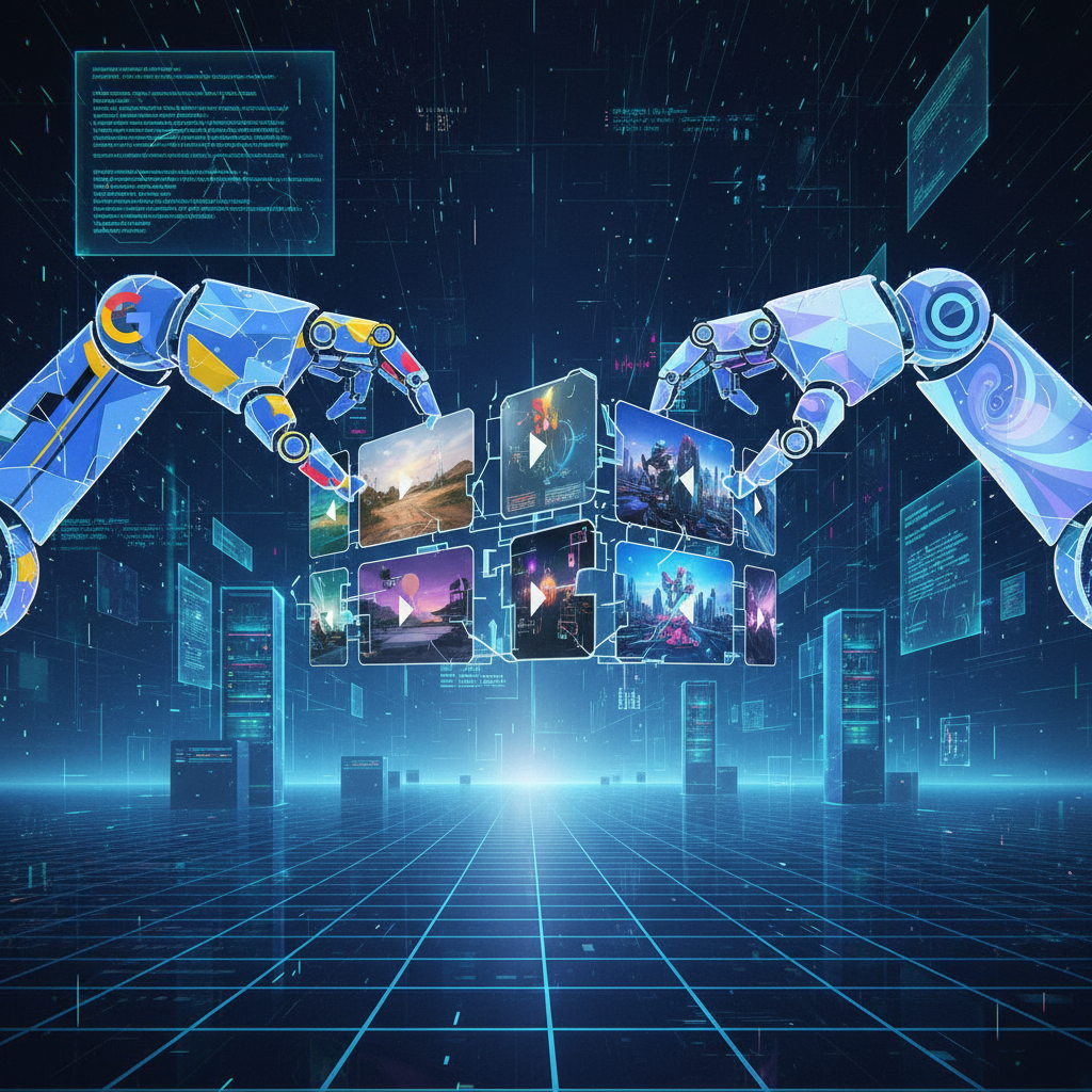 Two robotic arms, one representing Google and the other OpenAI, are subtly manipulating different video frames, signifying competition in AI video technology. The background is a futuristic, digital landscape with data streams. Style: abstract illustration. No text.