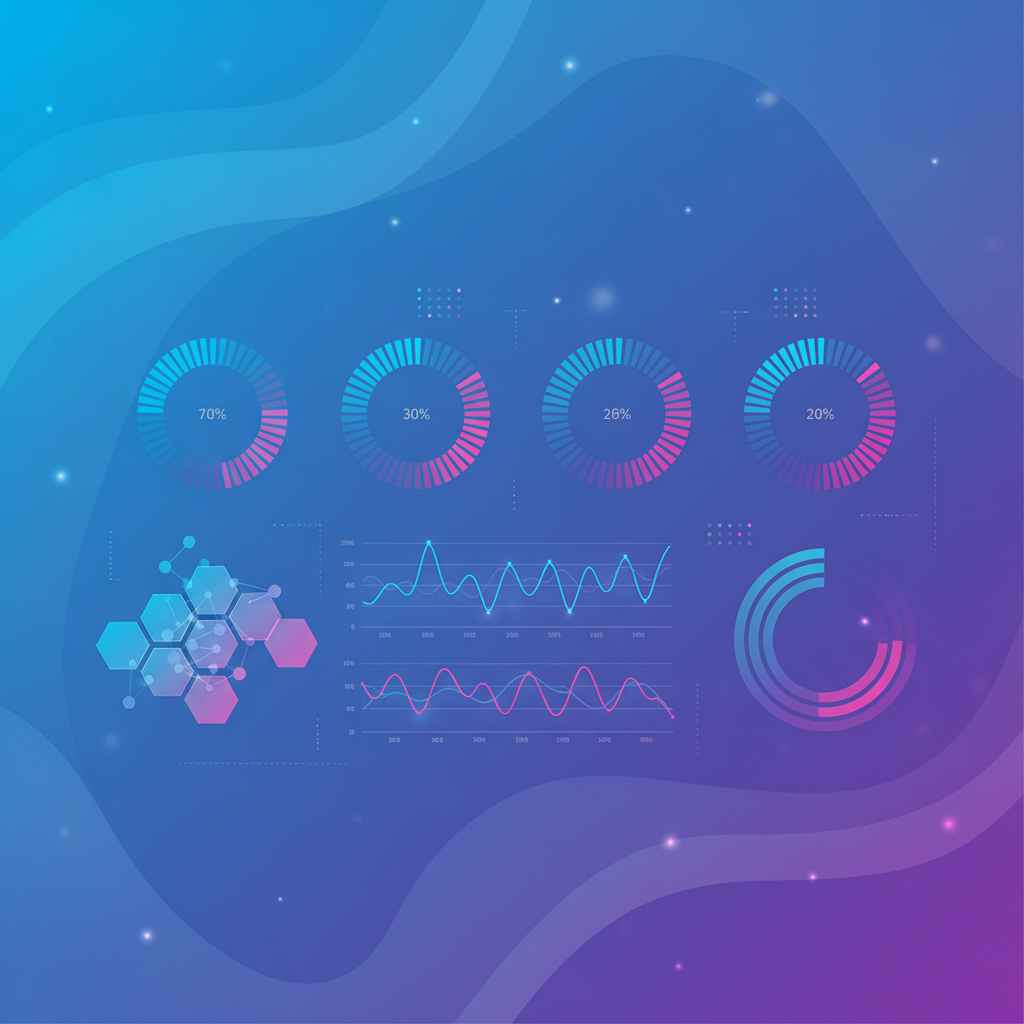 Clean infographic showing AI model performance comparison charts with colorful graphs, statistics, and data visualization elements. Modern tech aesthetic with blue and purple gradients, no text.