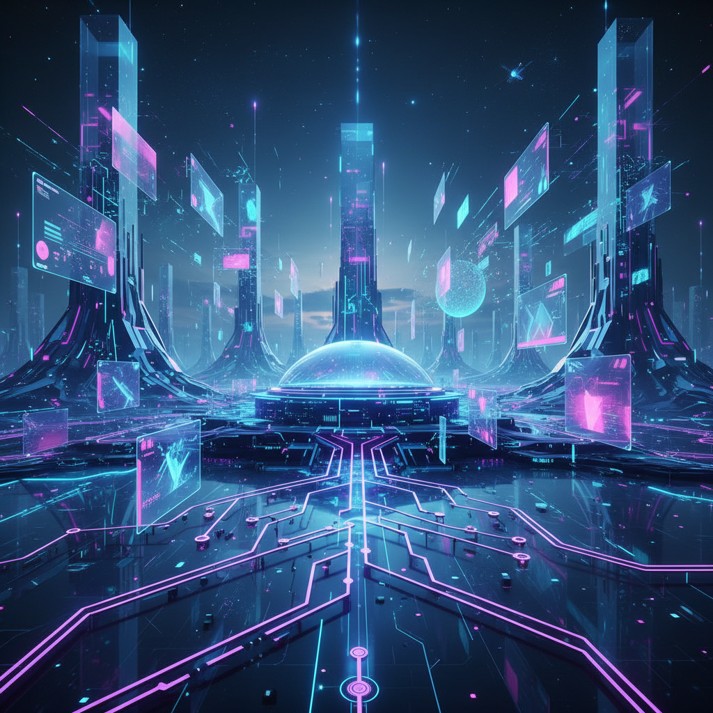 Futuristic tech landscape showing AI evolution and progress, digital transformation concept with glowing circuits and modern interface elements, blue and purple tech aesthetic, no text.