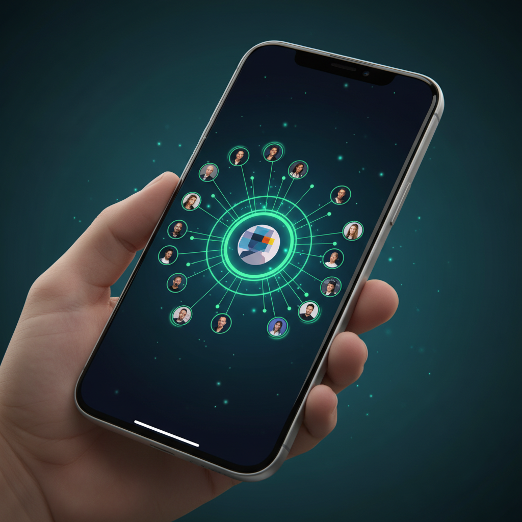 Modern smartphone displaying Spotify app interface with interactive music credits visualization, showing connected artist networks and collaboration maps, clean digital design with green Spotify branding, professional lighting, no text
