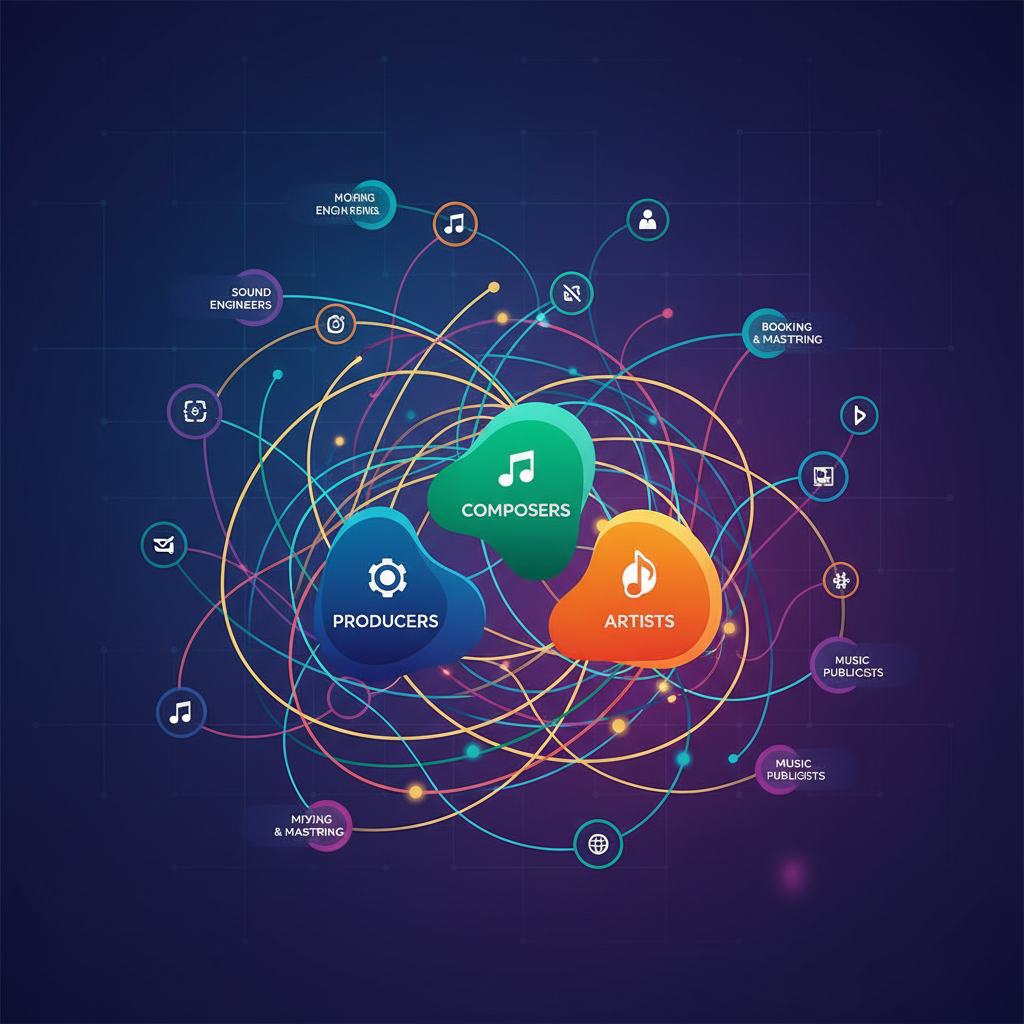 Creative infographic showing interconnected music industry professionals with flowing connection lines, featuring producers, composers, and artists in a modern network visualization style, vibrant colors, professional design, no text