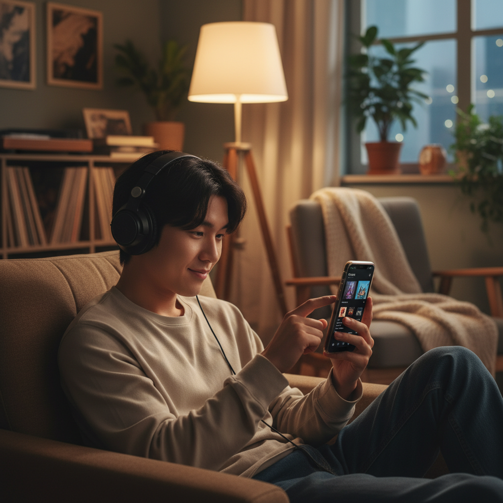 Young music enthusiast using smartphone to explore music credits, sitting in cozy room with headphones, warm lighting, lifestyle photography showing engagement with music discovery, Korean person, no text
