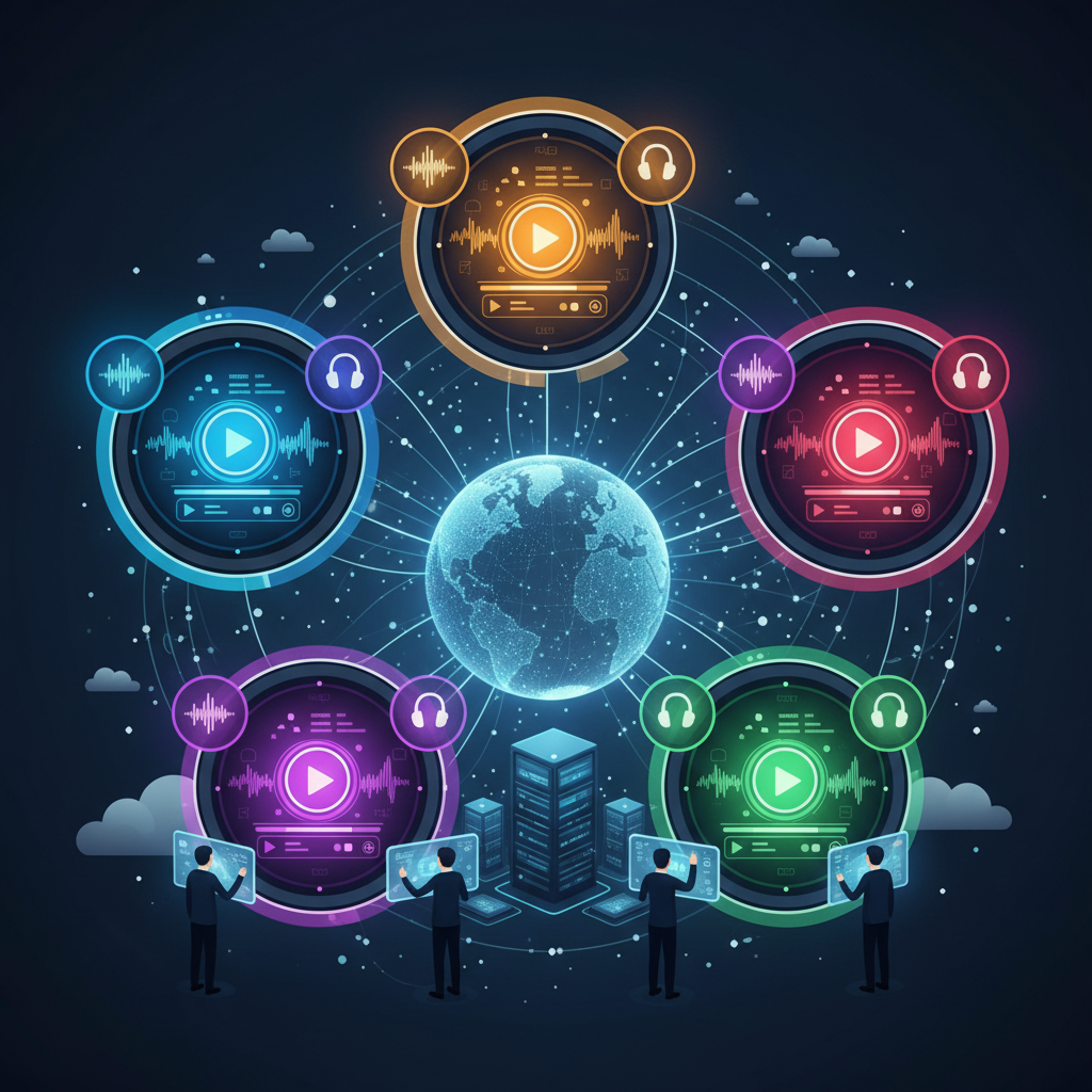 Modern digital music streaming landscape showing competitive platforms with interconnected features, sleek interface designs, vibrant tech atmosphere, professional business illustration style, no text