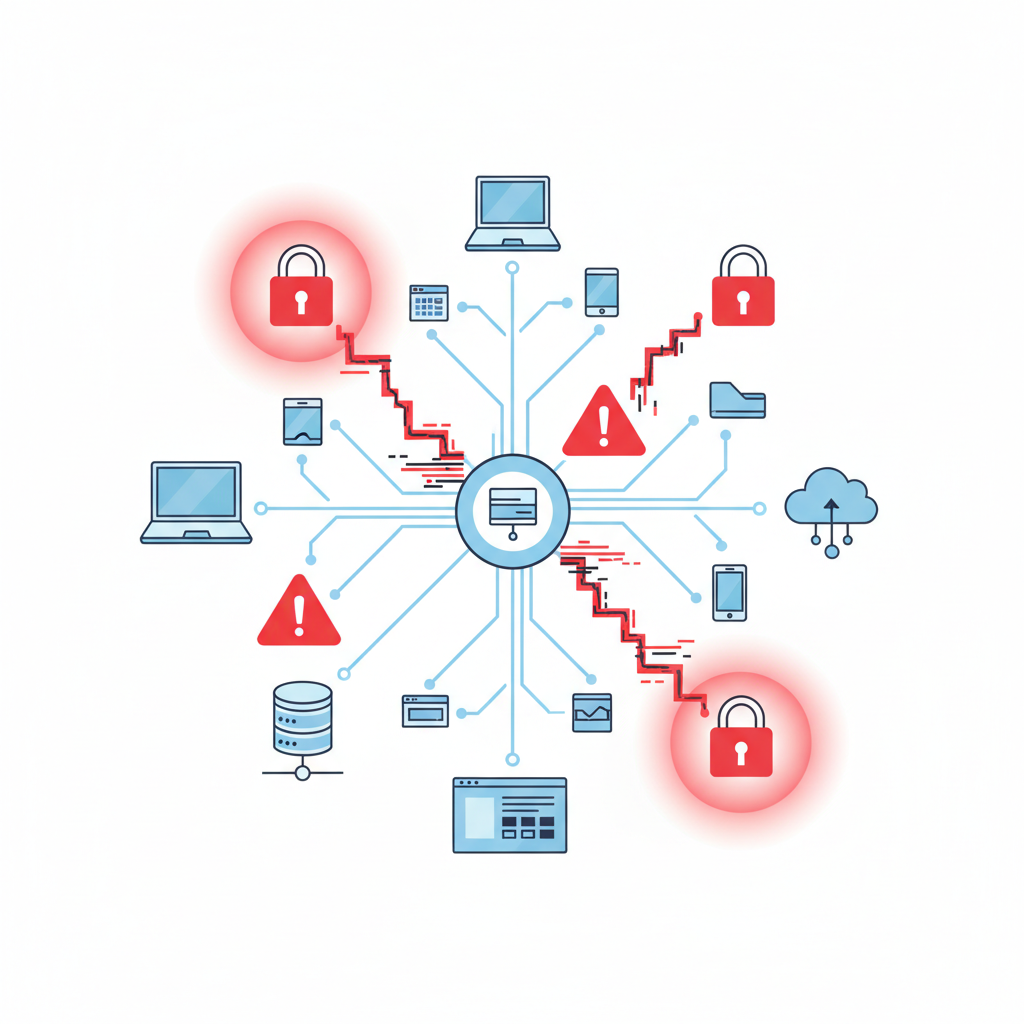 An illustration depicting a complex network infrastructure with red warning signs and lock icons, symbolizing a severe cybersecurity threat. Various digital devices are connected, showing data flow with some parts appearing compromised. Style: clean infographic. No text.