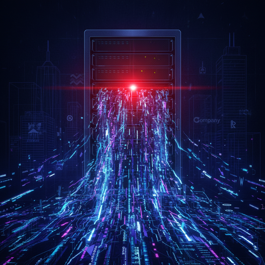 A digital illustration showing a server rack with a glowing red alarm, symbolizing a major network breach. Data streams are depicted flowing out, representing stolen information. Around the server, subtle outlines of multiple corporate buildings or logos are visible, indicating widespread impact. Style: tech illustration with a serious tone. No text.
