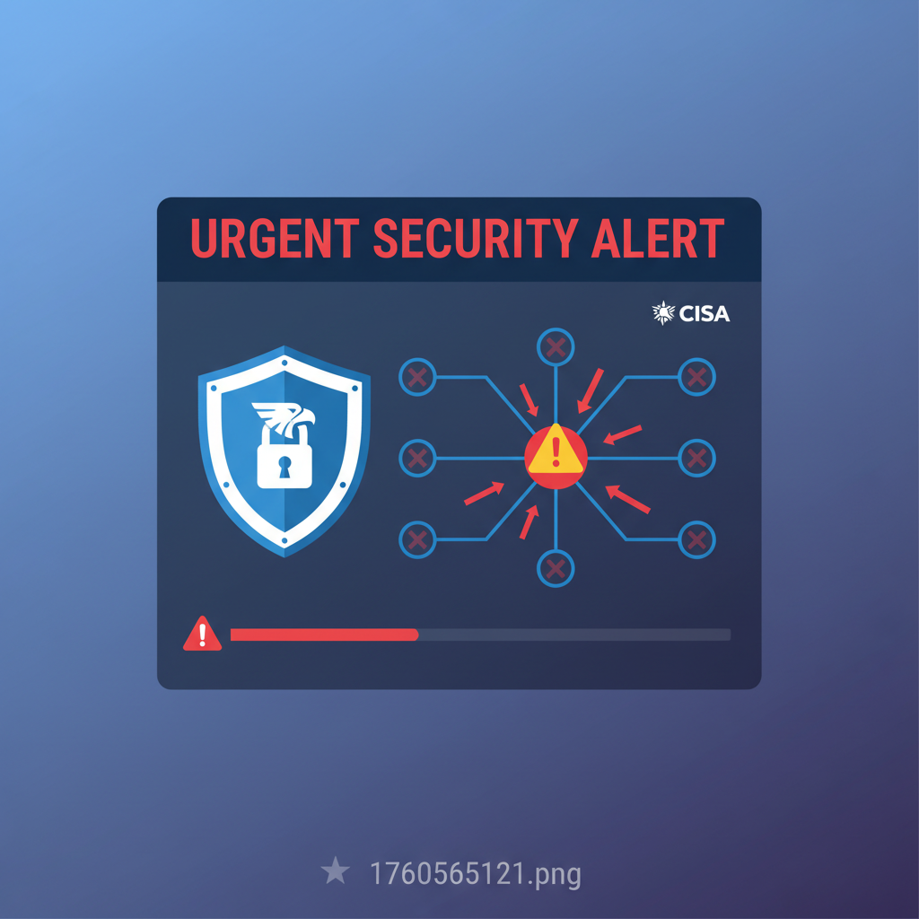 A clean infographic showing a digital interface with a prominent "URGENT SECURITY ALERT" message. The CISA logo is subtly integrated into the design. A shield icon with a padlock symbolizes protection, and a network diagram shows data flow with a clear warning symbol over a specific node. Style: clean infographic with clear visual hierarchy. No text.