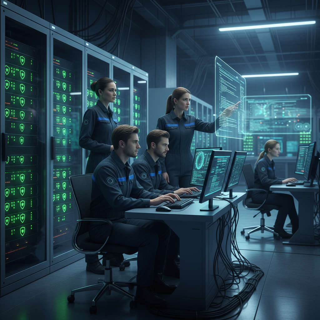 A group of cybersecurity professionals collaboratively working in a modern data center, actively monitoring screens and implementing security protocols. They are surrounded by server racks with green secure indicators, symbolizing proactive defense against cyber threats. Style: tech photography. No text.