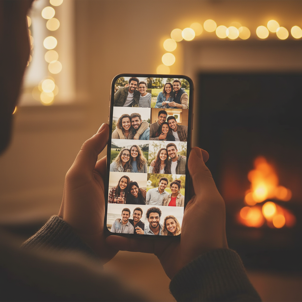 A smartphone screen displaying shared photos of friends, with hands holding the phone. The background is soft and warm, suggesting a casual, friendly atmosphere. Lifestyle photography, warm lighting, no text.
