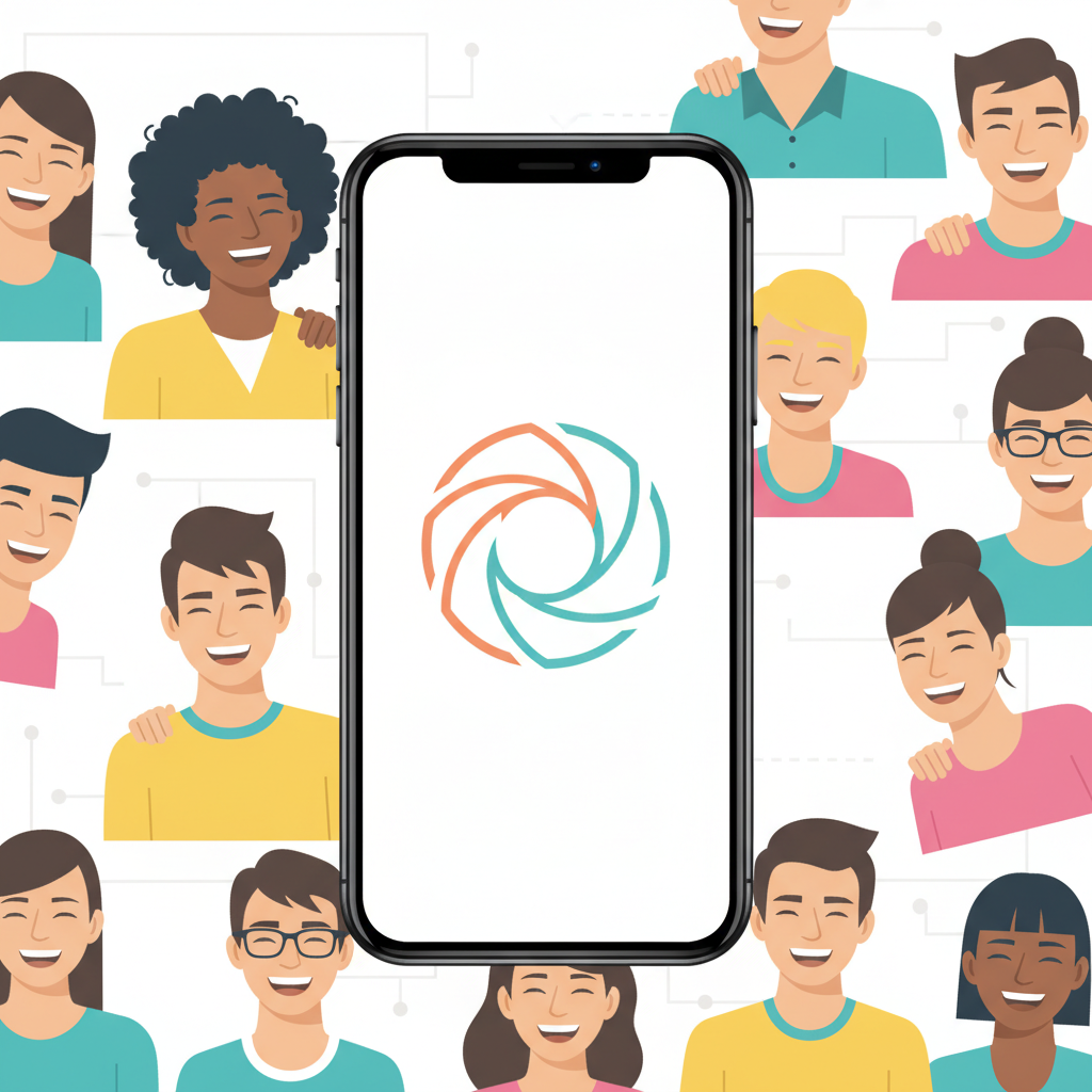 A modern, minimalist logo for "PicSee" displayed on a smartphone screen, surrounded by a collage of diverse, happy friends' faces. Clean infographic style, bright colors, no text.