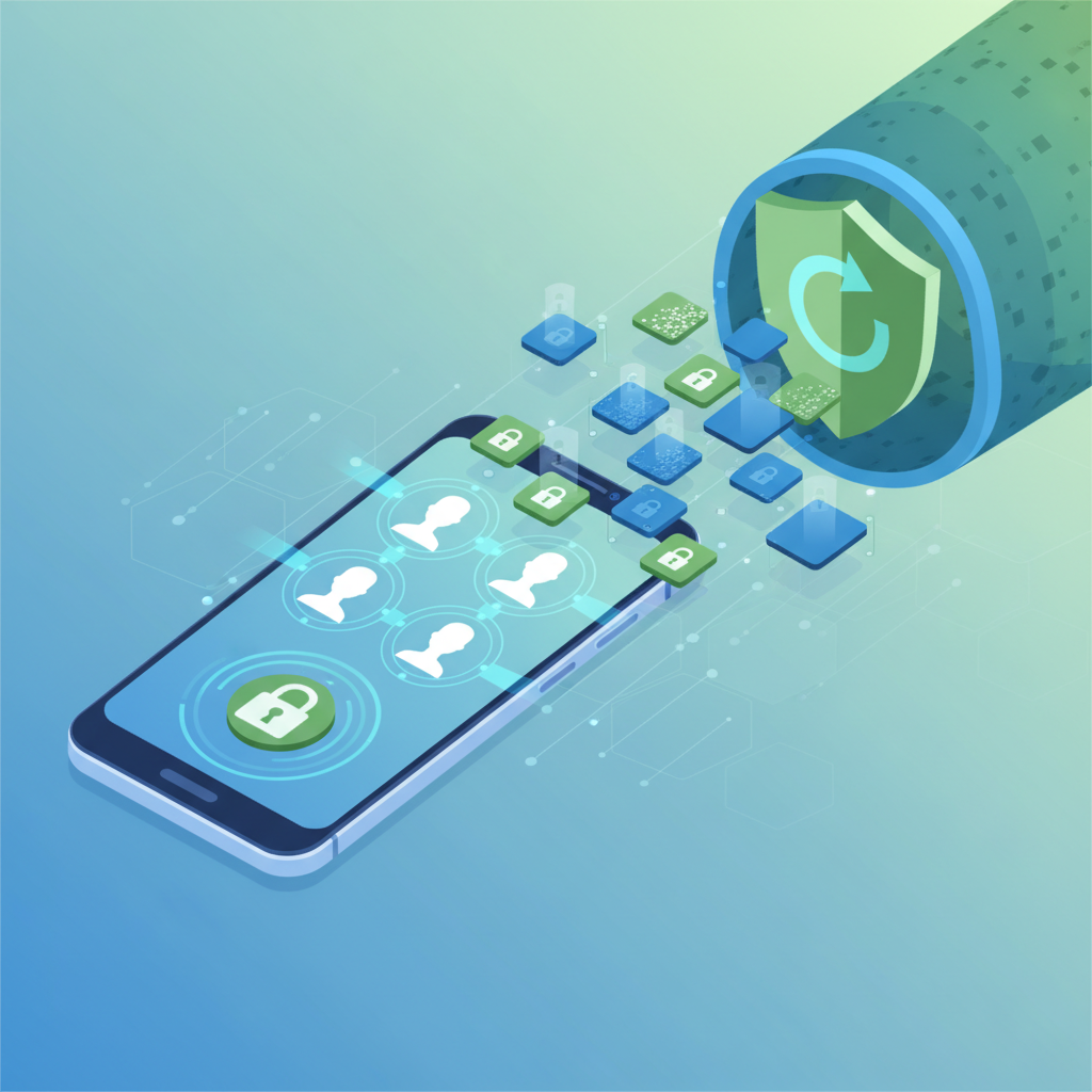 An infographic illustrating on-device face detection and privacy features. A smartphone shows faces being scanned locally, with encrypted data flow symbolized. Clean and secure aesthetics, blue and green color palette, no text.