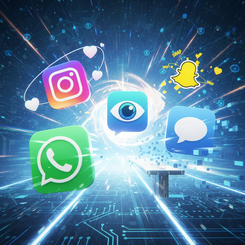 A visual metaphor of various social media app icons (WhatsApp, Instagram, iMessage, Snapchat) competing on a digital landscape, with the PicSee icon emerging among them. Dynamic and competitive scene, vibrant colors, no text.