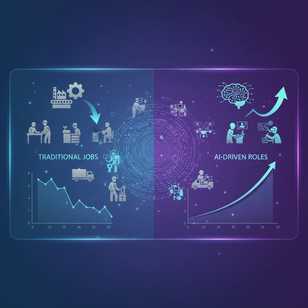 An infographic illustrating the rapid advancement of AI technology and its potential impact on the job market. Show a clear contrast between traditional jobs and new AI-driven roles, with a sense of uncertainty or transformation. Use clean, modern design. No text.
