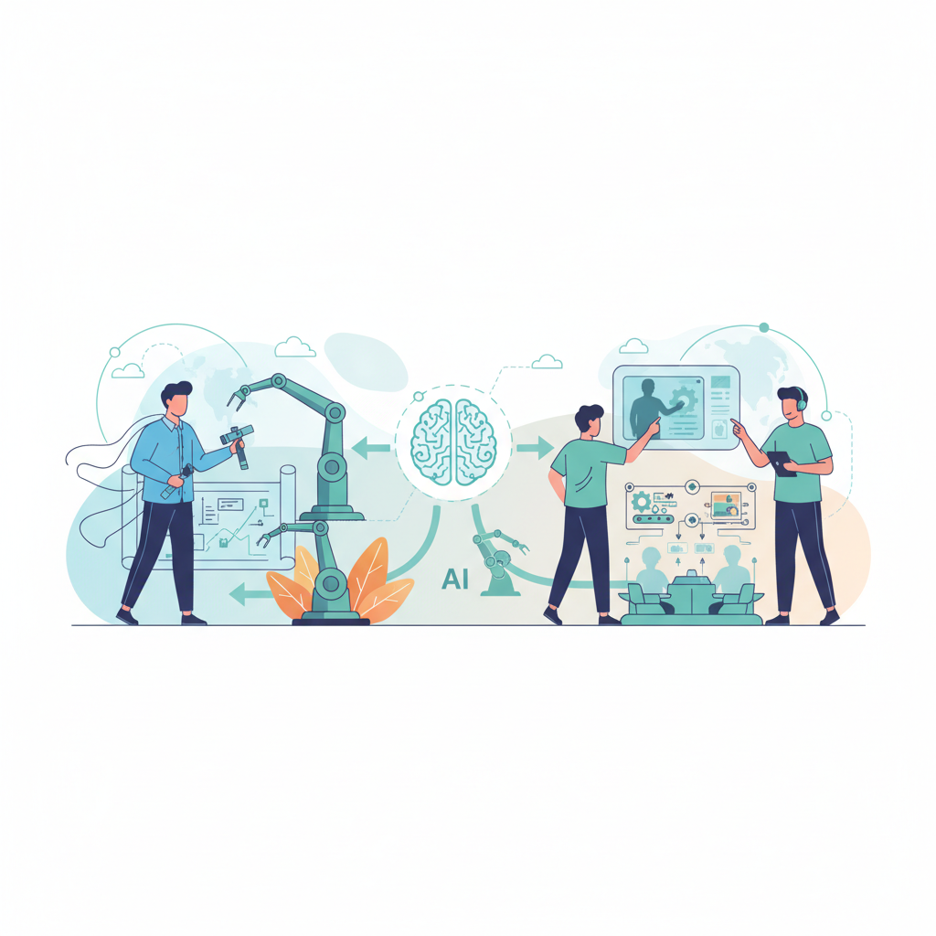 A symbolic illustration depicting the evolution of human roles in the workplace as AI technology advances. Show a person interacting with AI, perhaps collaboratively or with some jobs being automated, emphasizing a shift rather than complete displacement. Style: clean illustration. No text.