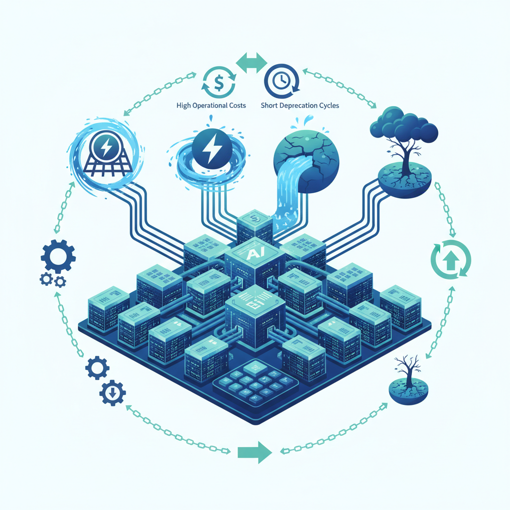 An infographic showing a massive AI data center consuming vast amounts of energy and water, with symbols indicating high operational costs and short depreciation cycles. Emphasize the economic and environmental burden of current AI infrastructure. Style: detailed infographic. No text.