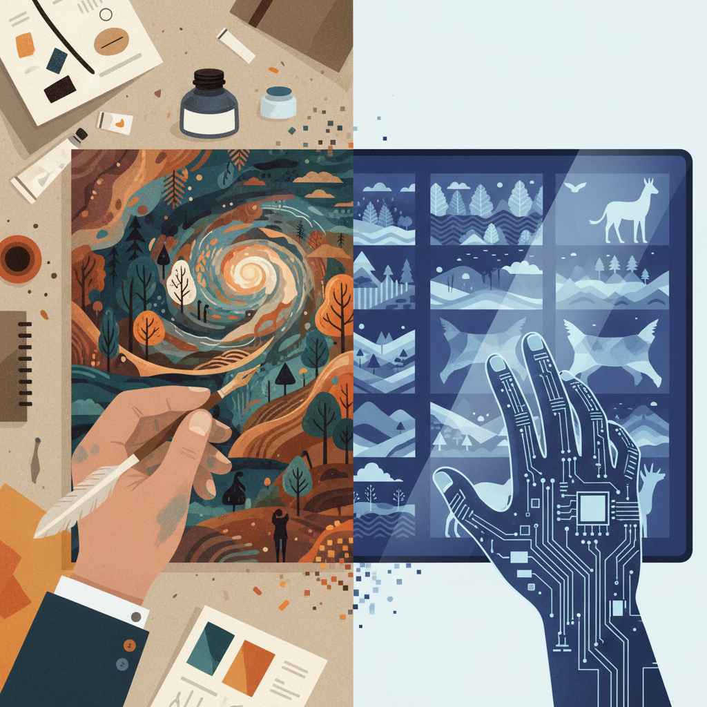 A visual metaphor contrasting a human hand writing or painting with an AI-generated digital image. The human element should convey creativity and depth, while the AI element suggests efficiency and replication, without being overtly negative. Style: contemporary illustration. No text.