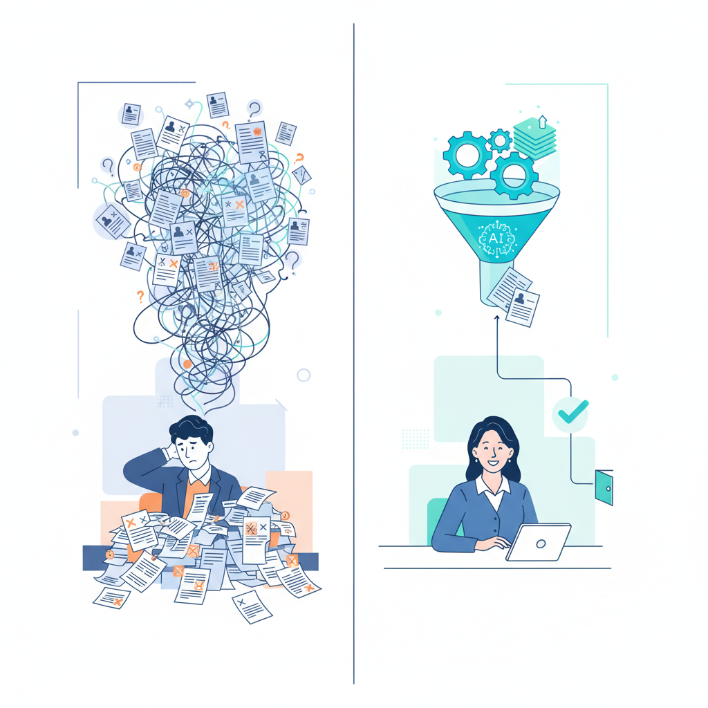 An clean infographic depicting a chaotic job market with many applications and a frustrated job seeker, contrasted with a streamlined process with a subtle AI presence, in a modern, clean style. Korean people. No text in image.