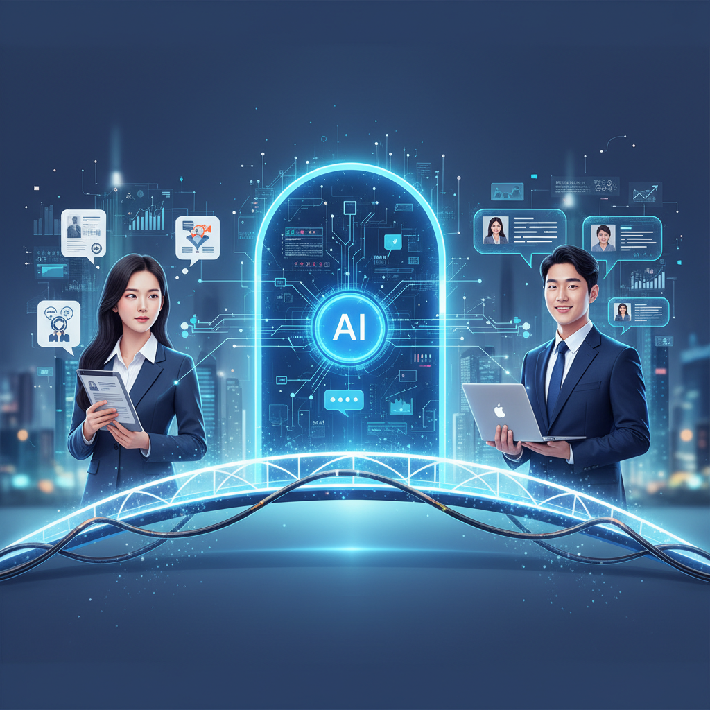 A dynamic illustration showing conversational AI chatbot interacting with both a job seeker and a recruiter, symbolizing a bridge between them. Focus on clear, engaging visual elements. Korean people. No text in image.