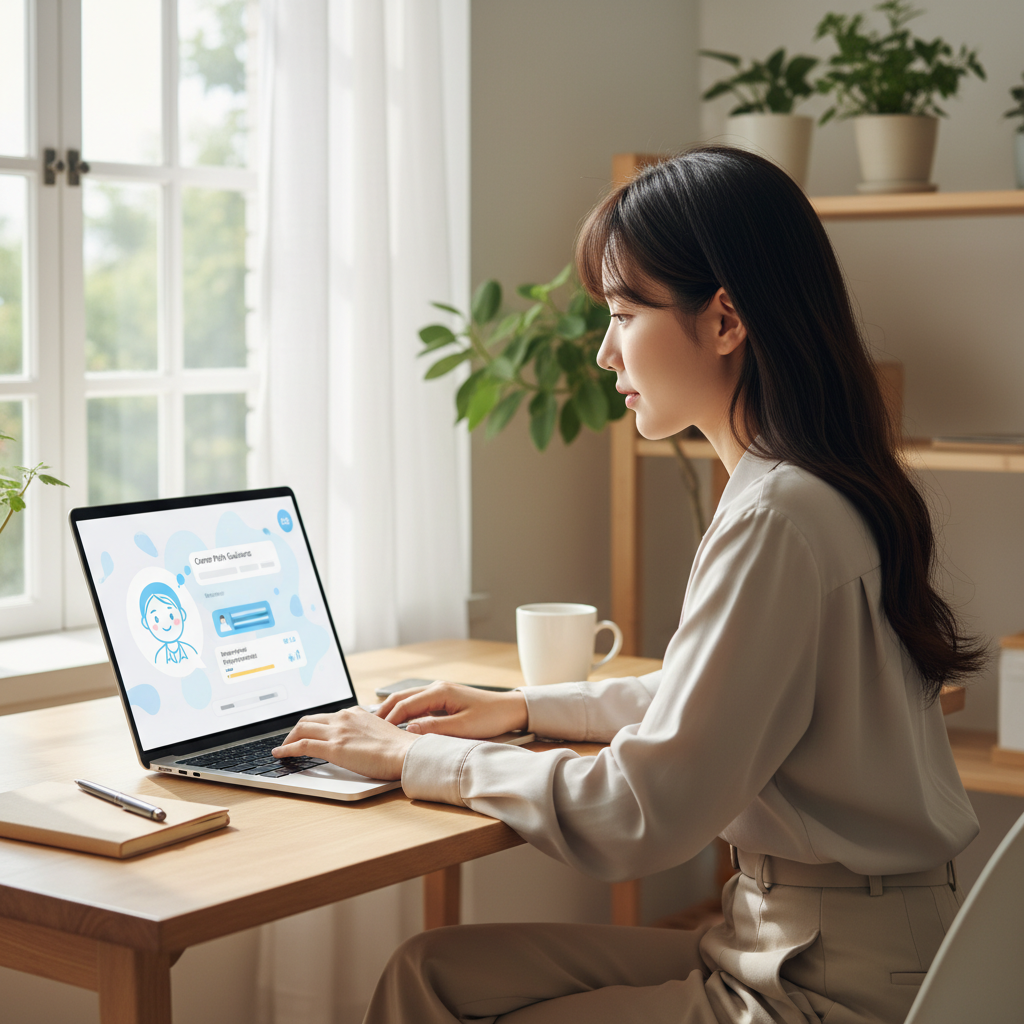 A lifestyle photography image of a Korean person using a tablet or laptop, engaging with an AI chatbot that appears as a helpful guide for career coaching and mock interviews. Natural lighting. No text in image.