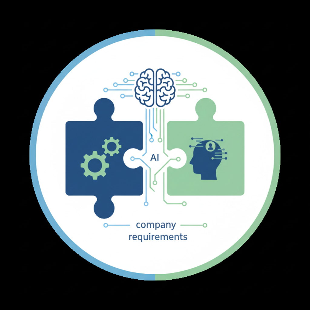 An infographic showing a seamless matching process between a company's requirements (represented by gears or a puzzle piece) and a candidate's profile (another puzzle piece), facilitated by an AI algorithm. Clean design. No text in image.
