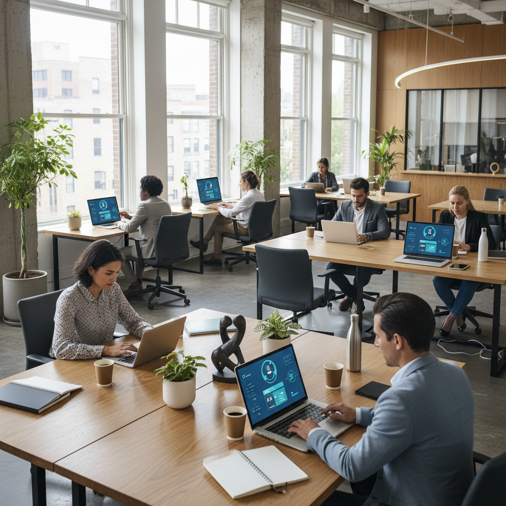 Modern office setting with professionals using AI-powered recruitment platform on laptops and tablets, clean interface design, natural lighting, contemporary workspace atmosphere, no text