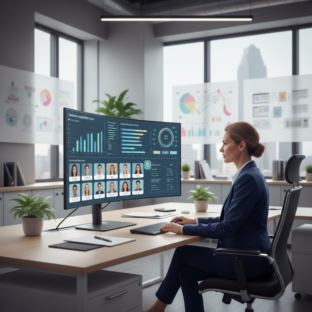 Corporate HR manager reviewing AI-matched candidate profiles on computer screen, modern office environment, professional setting with charts and data visualization, natural office lighting, no text