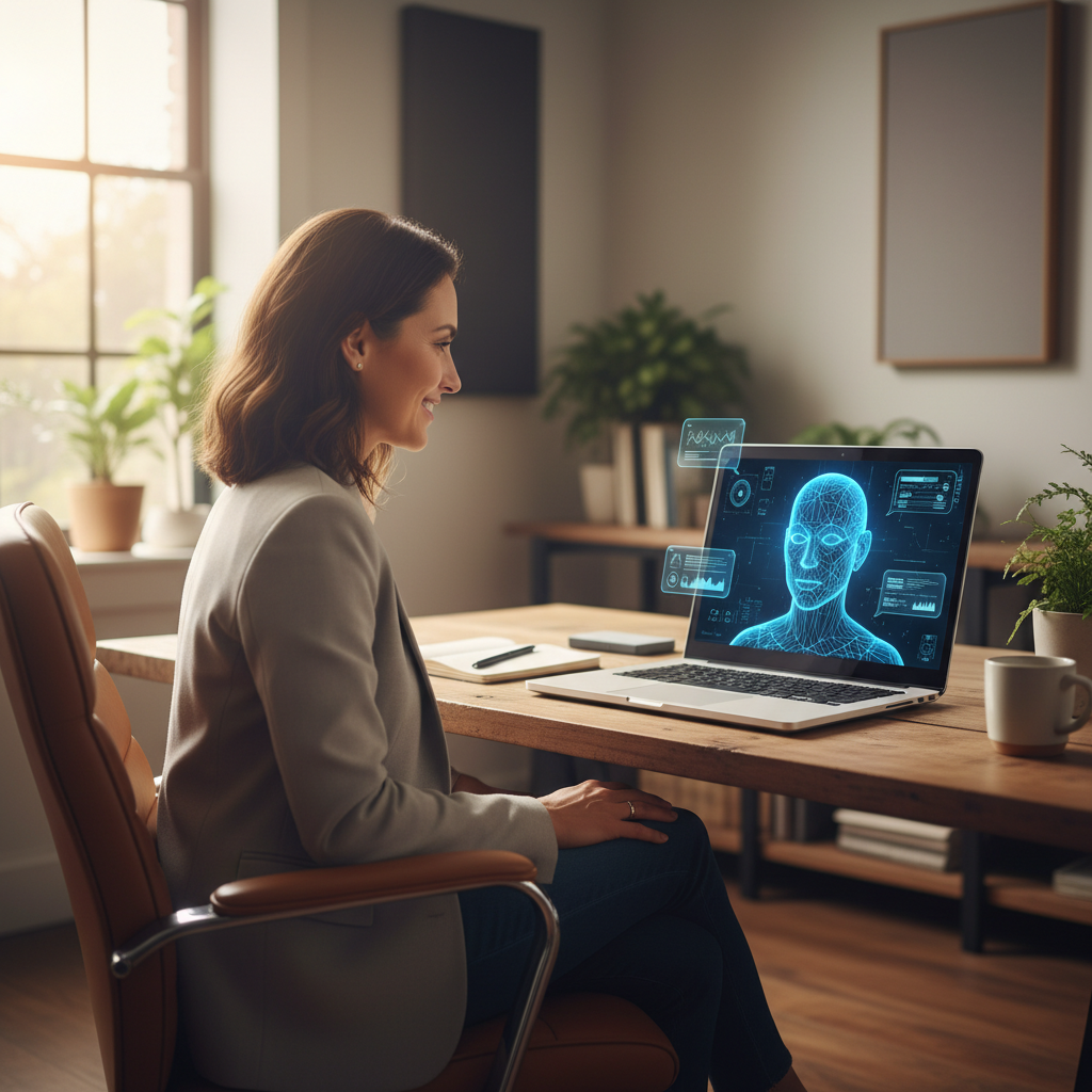Professional candidate having video interview with AI system on laptop, comfortable home office setup, confident expression, modern technology interface visible, warm natural lighting, no text