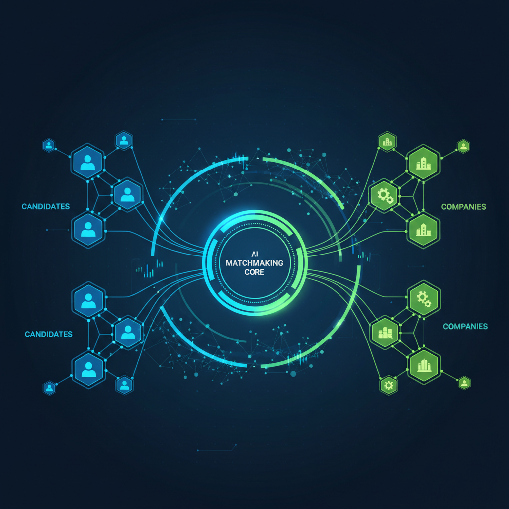 Futuristic recruitment ecosystem visualization with AI connections between candidates and companies, network diagram style, clean infographic design, blue and green color scheme, professional atmosphere, no text