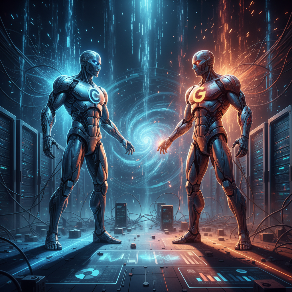 A dramatic digital illustration showing two corporate giants facing off in cyberspace, with web infrastructure elements like servers, data flows, and network connections in the background. Modern tech atmosphere with blue and orange lighting. No text.
