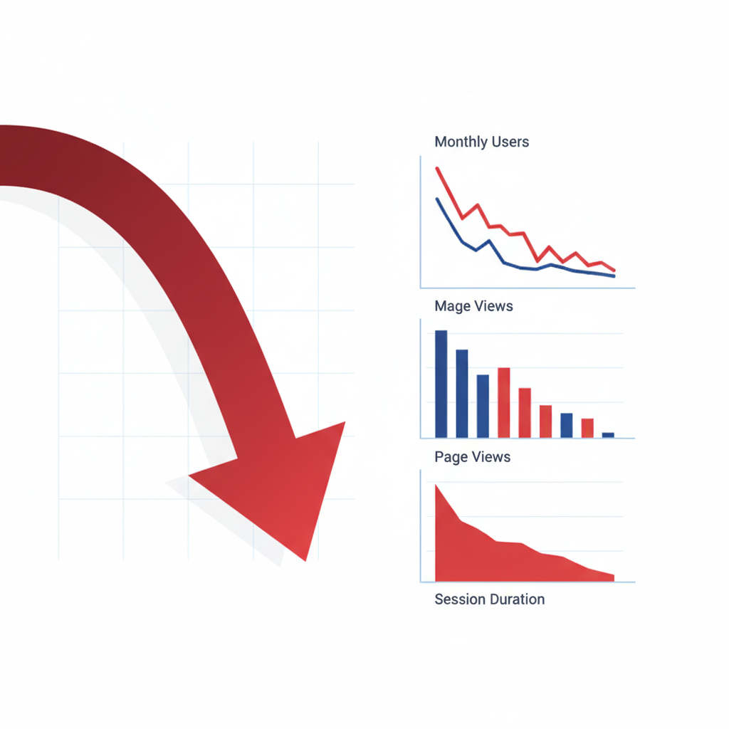 A clean infographic showing declining website traffic statistics with downward trending arrows and charts. Professional business visualization style with red and blue colors indicating traffic drops. No text.