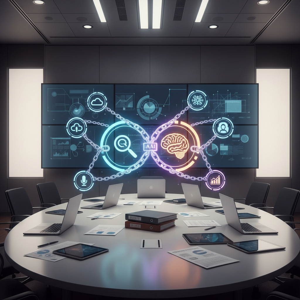 A conceptual illustration showing bundled services with chains or locks connecting search and AI features. Corporate meeting room atmosphere with documents and presentation screens. Professional lighting. No text.