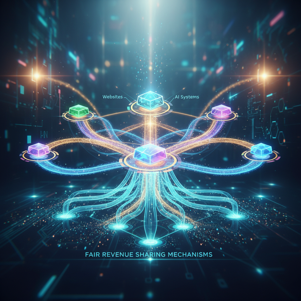 A futuristic digital ecosystem illustration showing interconnected websites, AI systems, and fair revenue sharing mechanisms. Bright, optimistic colors with network nodes and data flows. Clean tech aesthetic. No text.