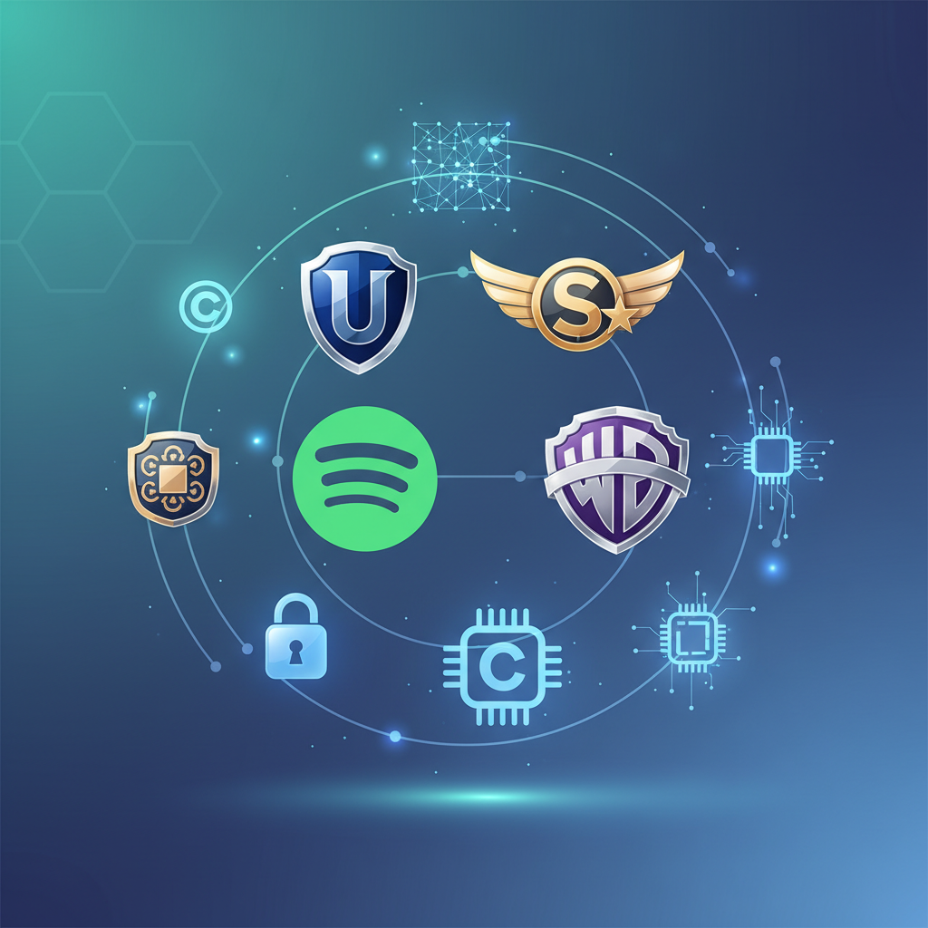 A modern digital music collaboration scene showing Spotify's green logo alongside major music label symbols, with AI technology elements and copyright protection icons floating around. Clean infographic style with vibrant colors and professional lighting. No text.