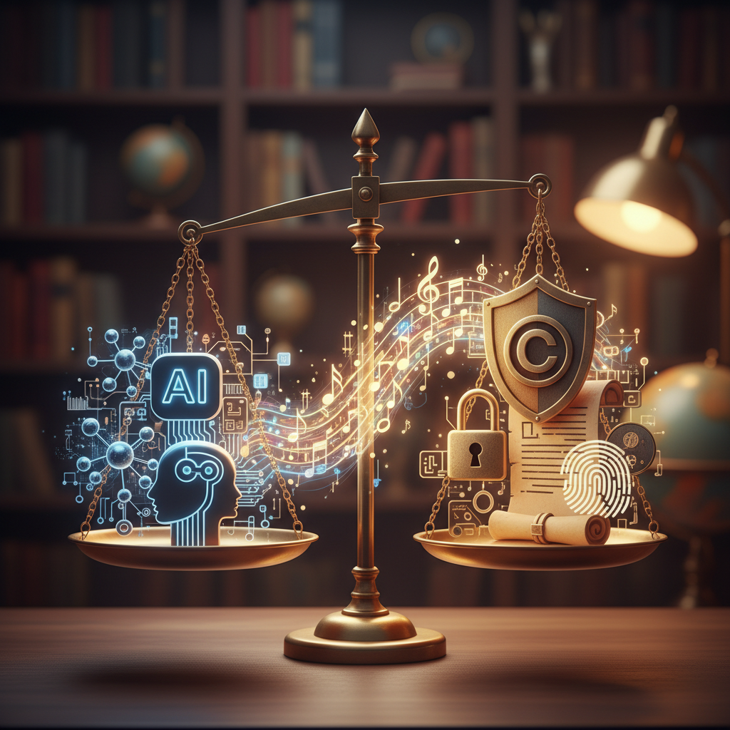A balanced scale showing AI technology symbols on one side and copyright protection elements on the other, with musical notes flowing between them. Professional illustration style with warm lighting and detailed textures. No text.