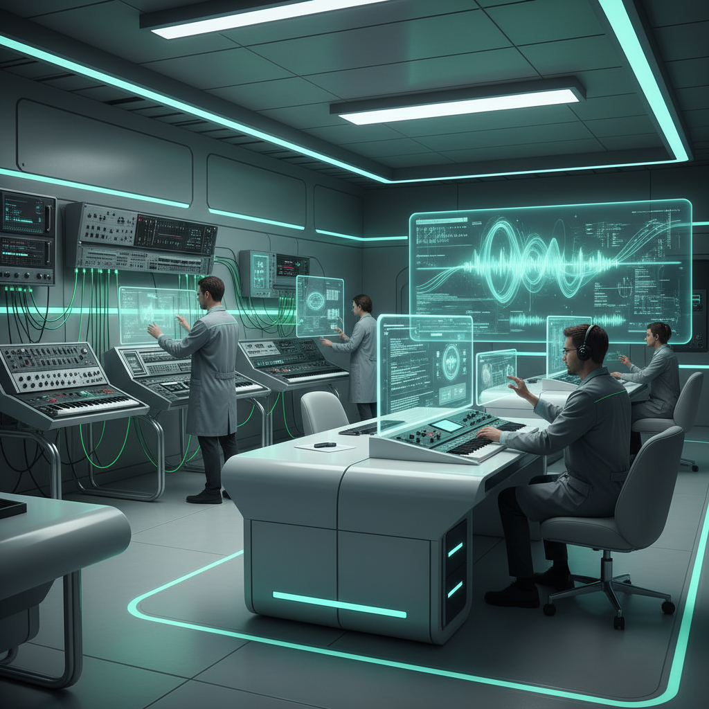 A futuristic AI research laboratory with multiple screens showing music waveforms and AI algorithms, scientists working on music technology, modern equipment and green accent lighting representing Spotify's brand. High-tech atmosphere with clean design. No text.