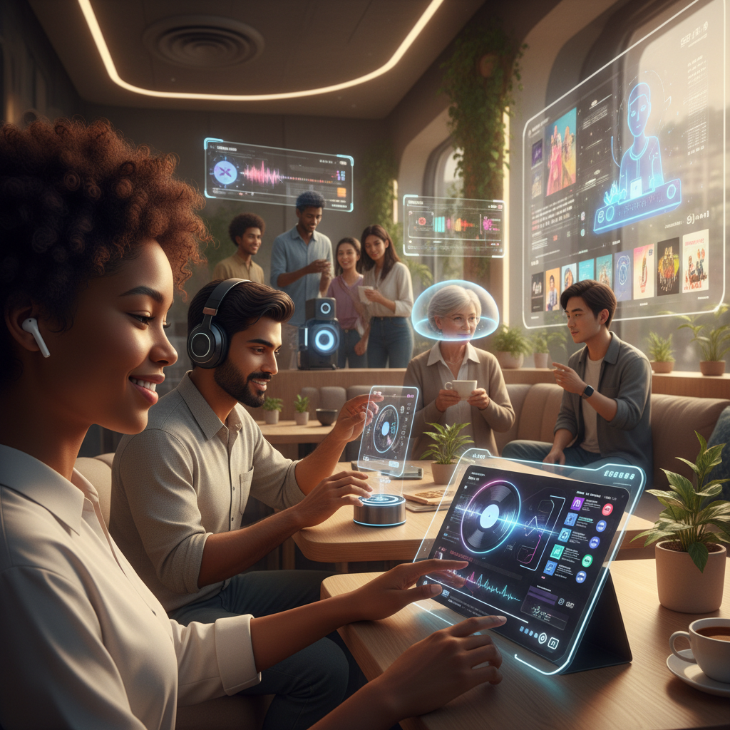 A diverse group of people enjoying personalized music experiences through various devices, with AI-generated playlists and virtual DJ elements visible on screens. Warm, inviting atmosphere with modern technology seamlessly integrated into daily life. No text.