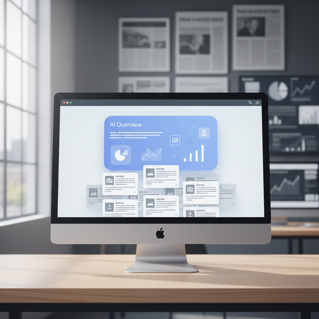 A realistic illustration showing Google's AI Overview interface on a computer screen with news articles in the background, depicting the tension between AI summaries and traditional journalism. Clean infographic style with natural lighting, no text.
