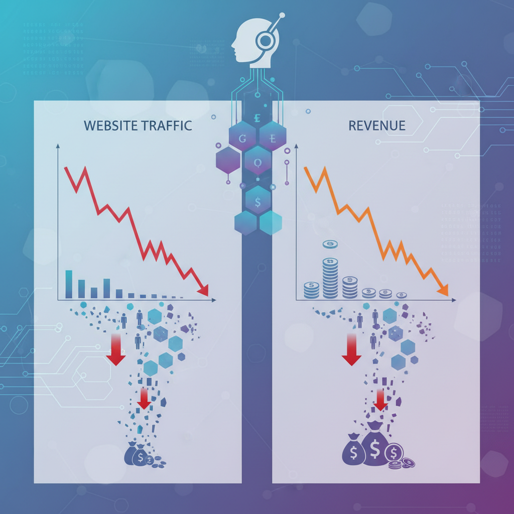 A professional infographic showing declining website traffic and revenue charts for news publishers, with AI-related visual elements. Clean business illustration style with charts and data visualization, no text.