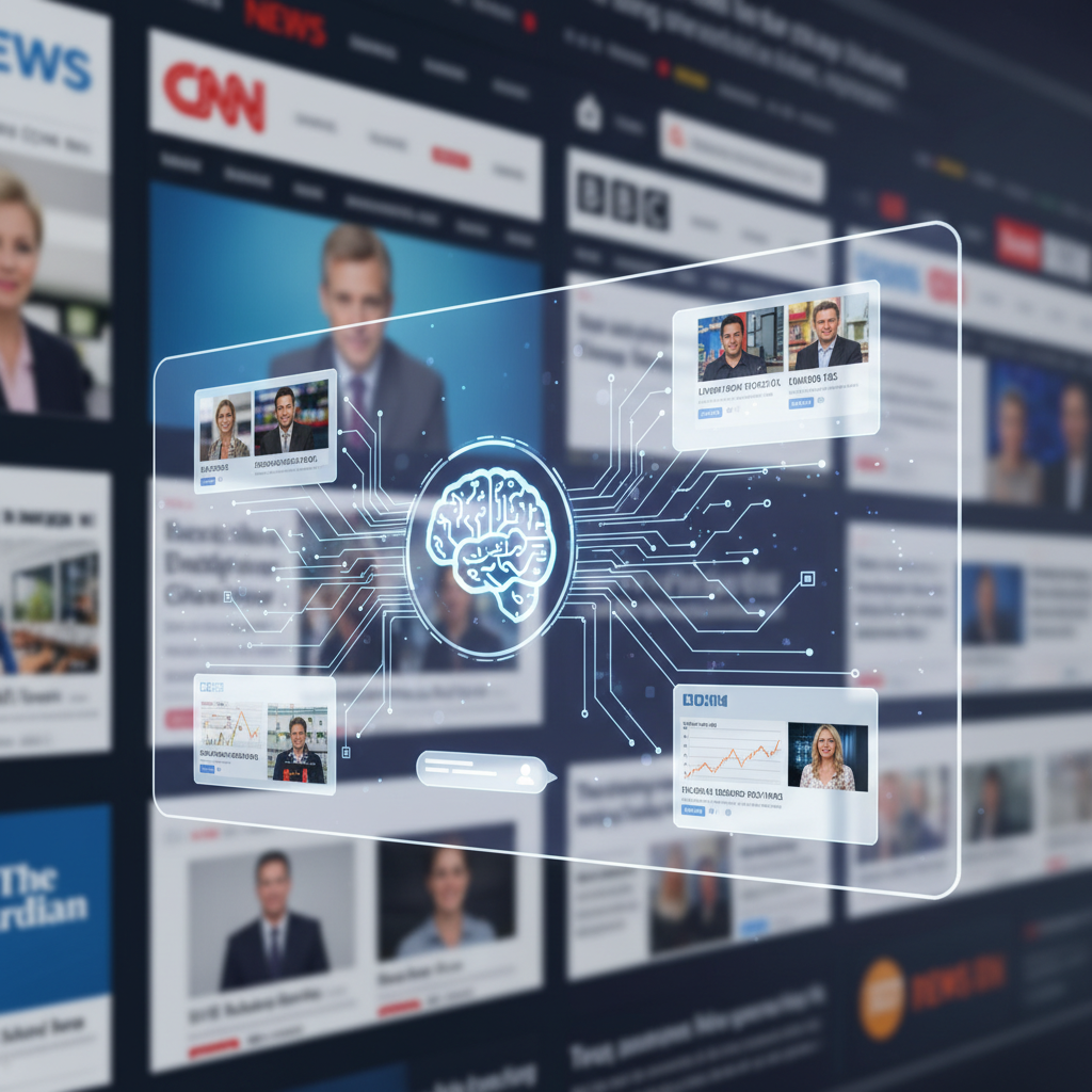 A modern illustration showing an AI chatbot interface interacting with multiple news sources, representing the AI Mode feature. Lifestyle photography style with digital elements and news content in the background, no text.