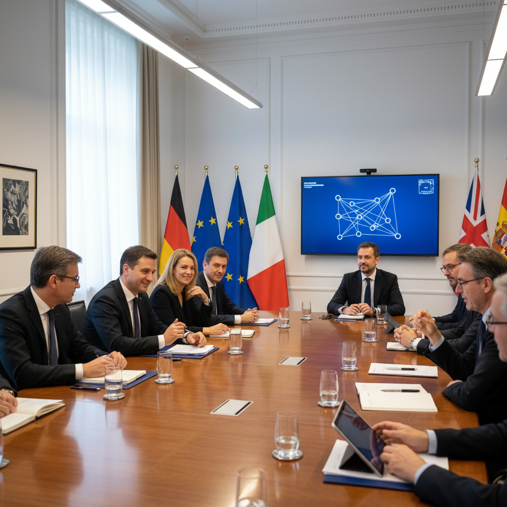 A professional scene showing European news publishers collaborating, with EU flags and newspaper representatives in a meeting setting. Business photography style with formal atmosphere and cooperation theme, no text.