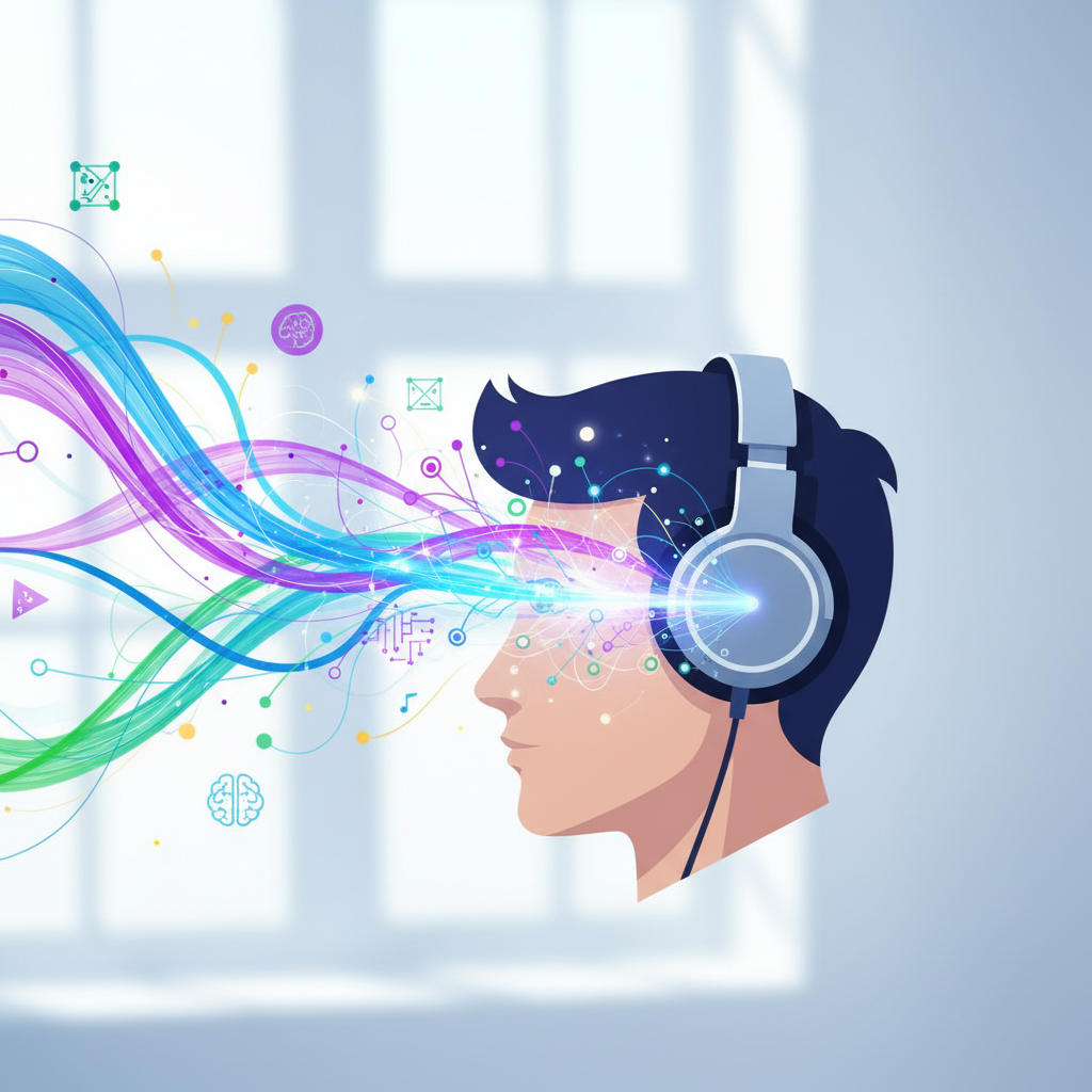A vibrant and clean infographic showing a person listening to music with headphones, surrounded by abstract AI-related icons like neural networks and sound waves. The overall style is modern and digital, symbolizing the integration of music and artificial intelligence. Natural lighting, no text.